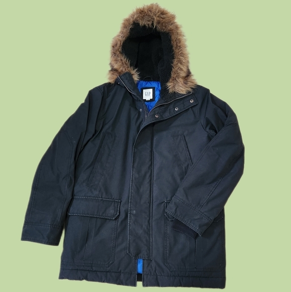 GAP black winter coat parka faux fur trim hood zip front medium - Picture 2 of 16